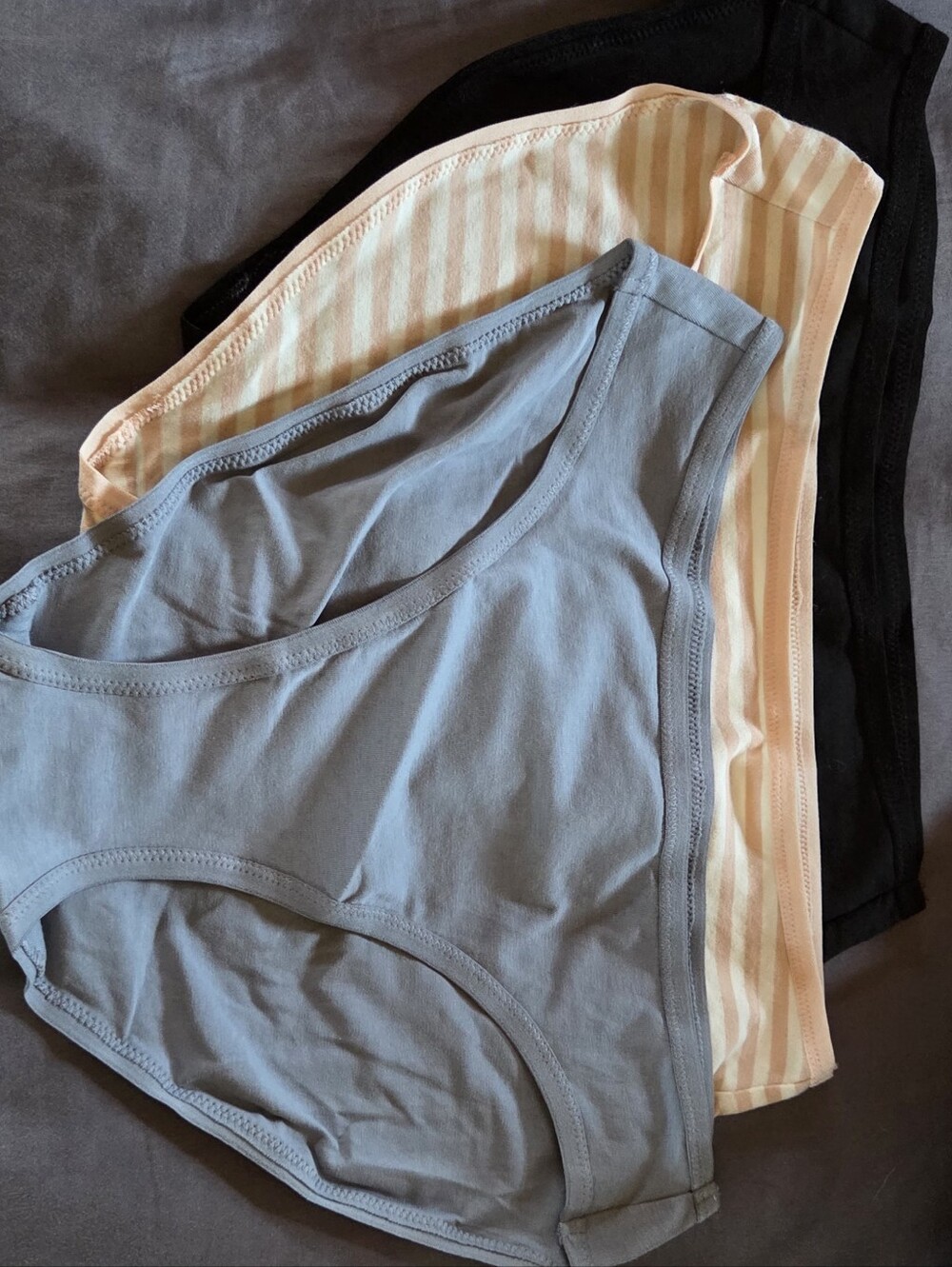 NWOT- Pact 3-Pack Bikini Briefs in Dusty Blue, Peach Stripe & Black